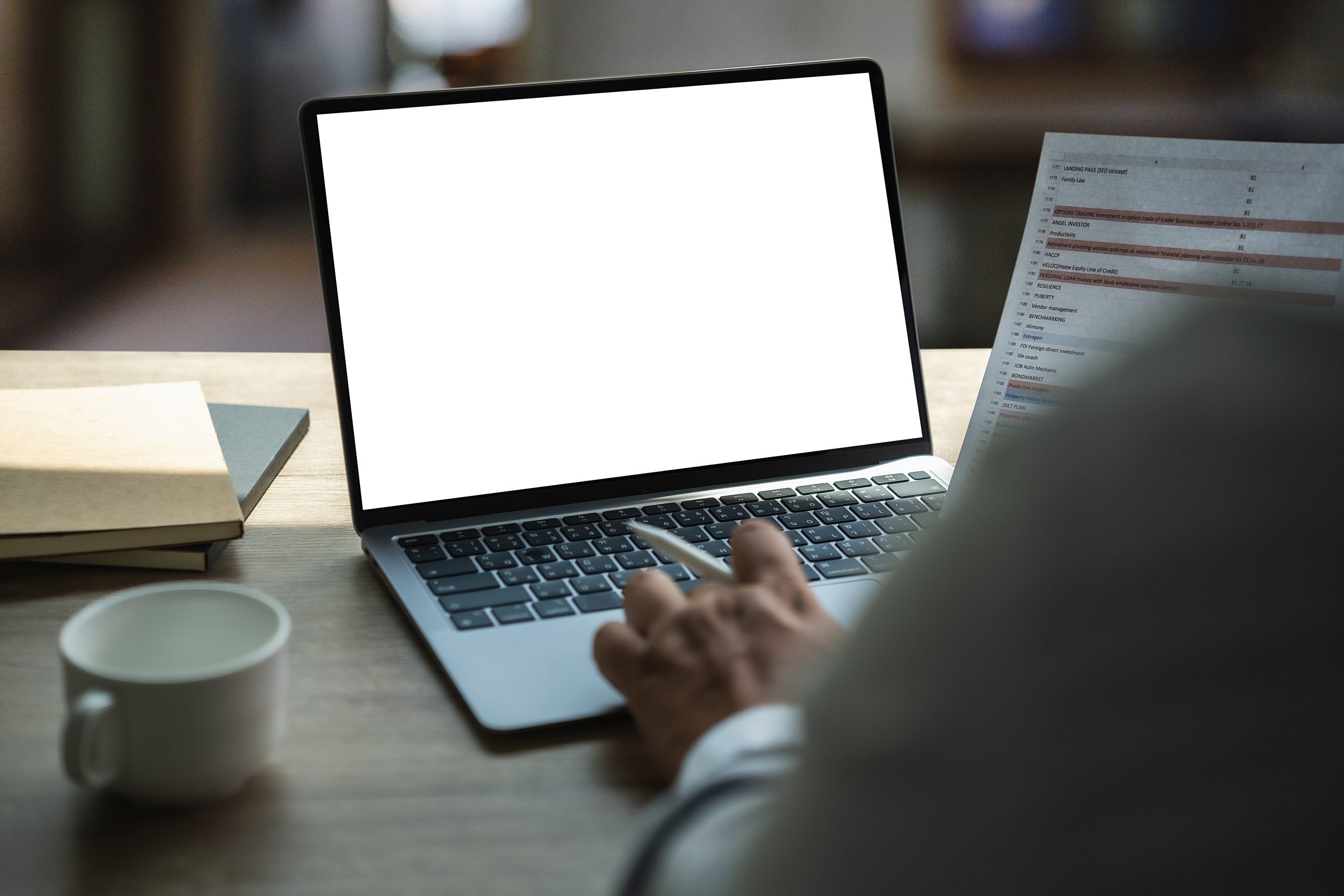 young man working as a businessman using a desktop computer with a blank screen Caucasian communication, digital display, empty laptop space, copy